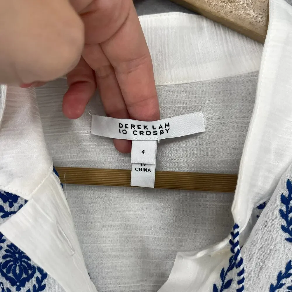 Derek Lam 10 Crosby Blouse Sz 4 White Blue Ailani Embroidered Sheer Coastal Chic - Picture 2 of 9